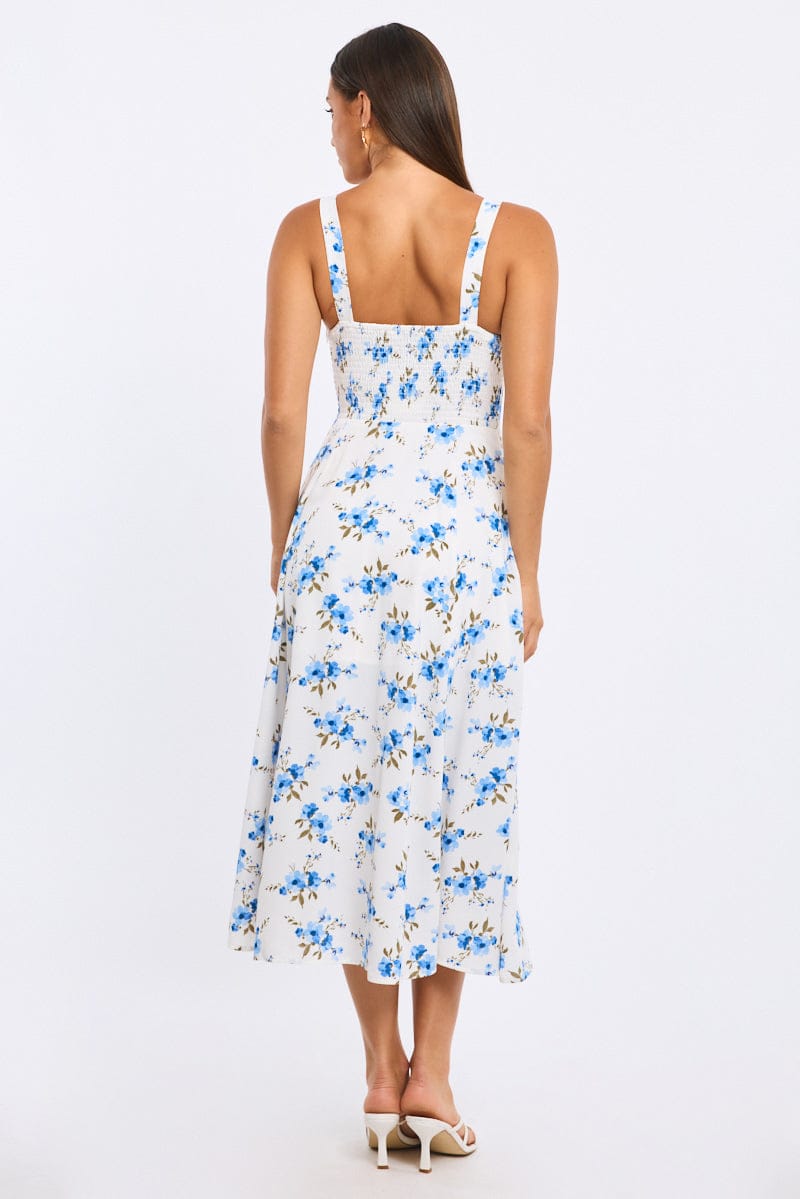 Blue Floral Midi Dress Ruched Bust for Ally Fashion