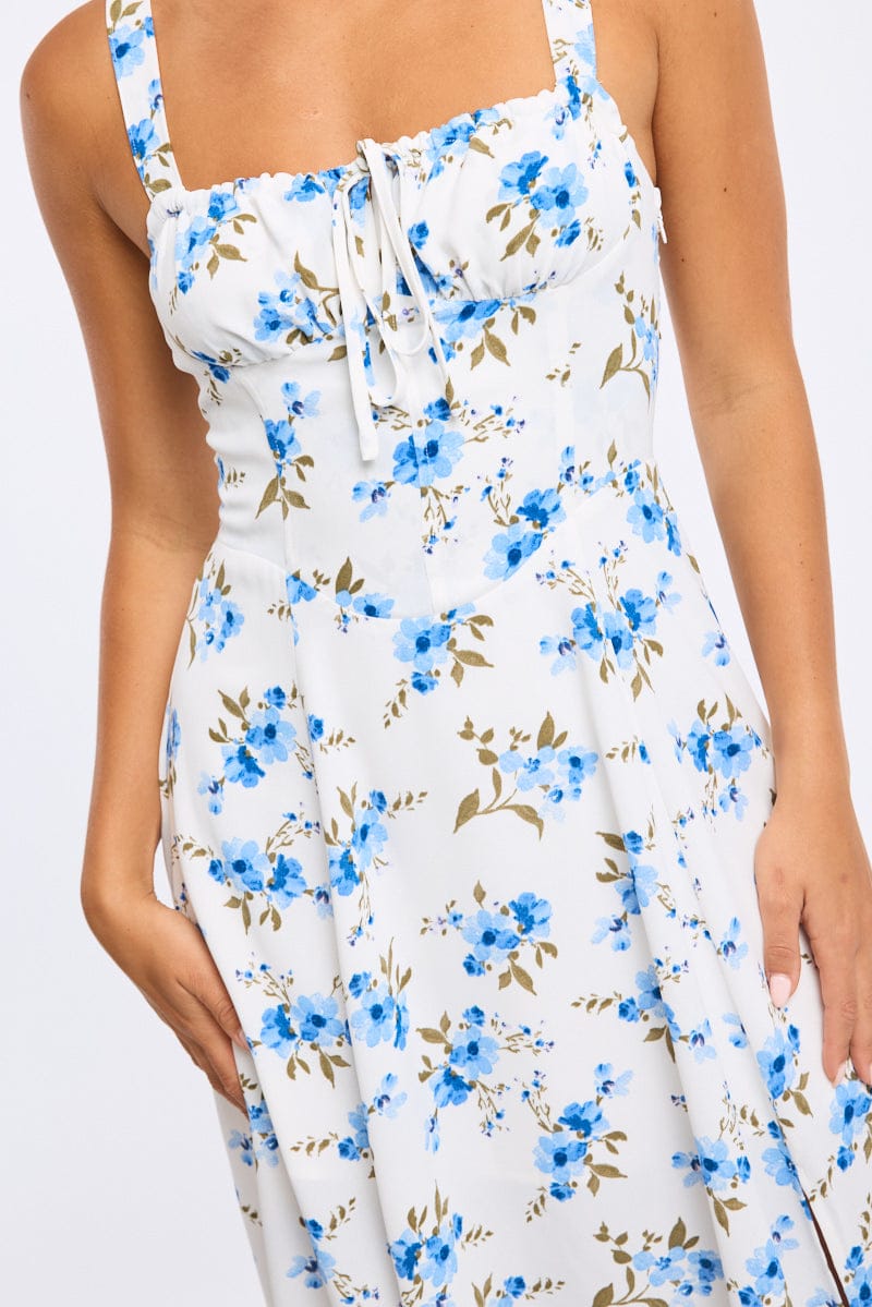 Blue Floral Midi Dress Ruched Bust for Ally Fashion