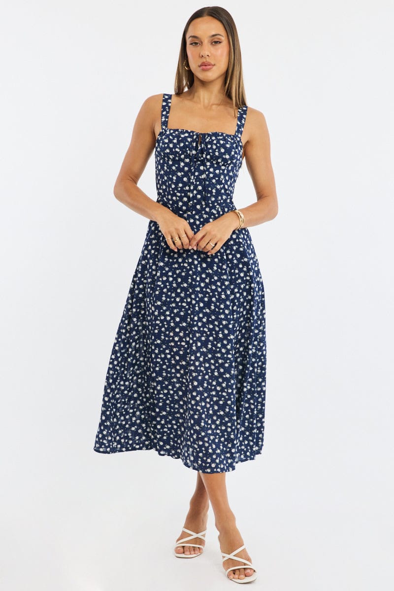 Blue Ditsy Midi Dress Ruched Bust for Ally Fashion