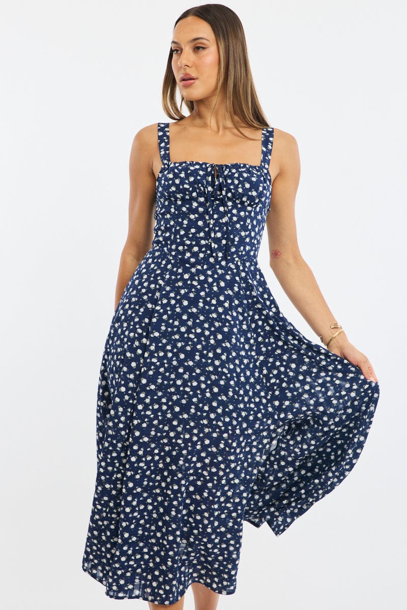 Blue Ditsy Midi Dress Ruched Bust for Ally Fashion