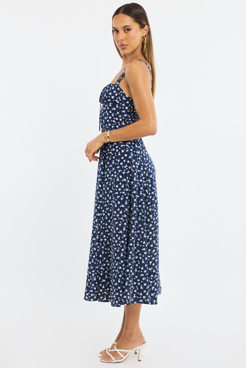 Blue Ditsy Midi Dress Ruched Bust for Ally Fashion
