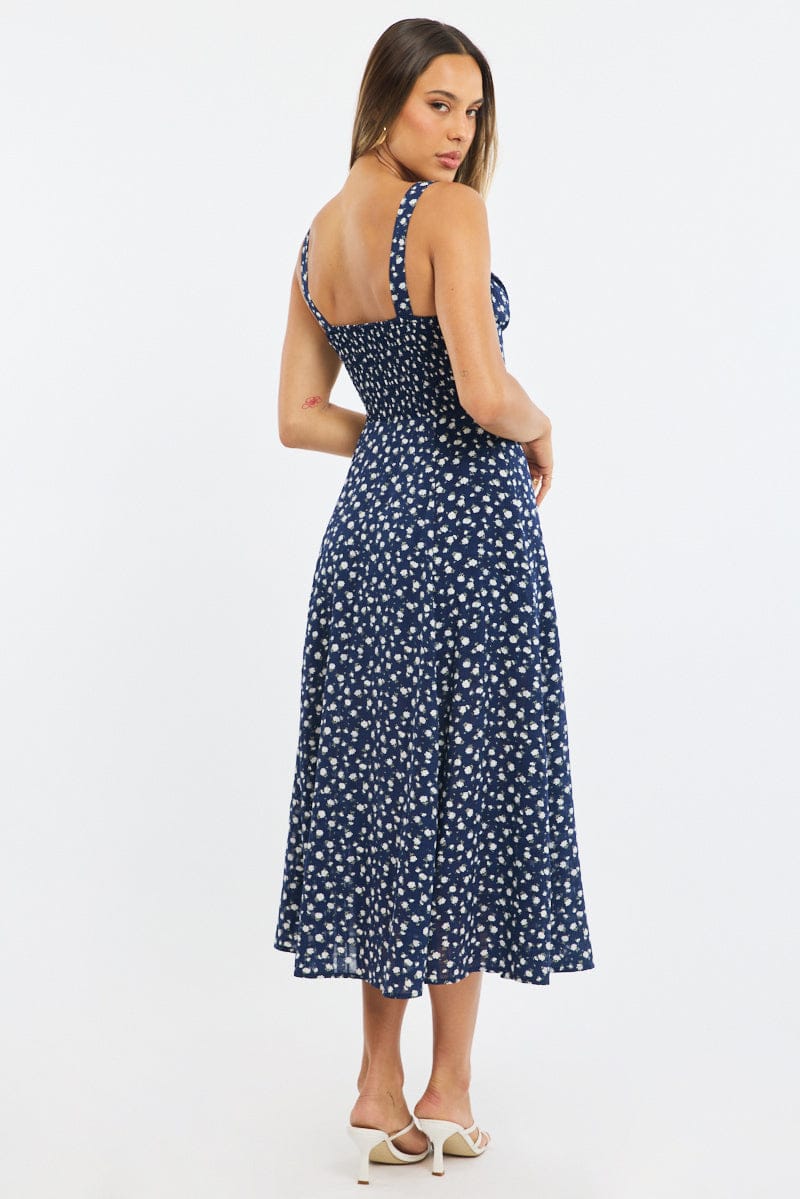 Blue Ditsy Midi Dress Ruched Bust for Ally Fashion