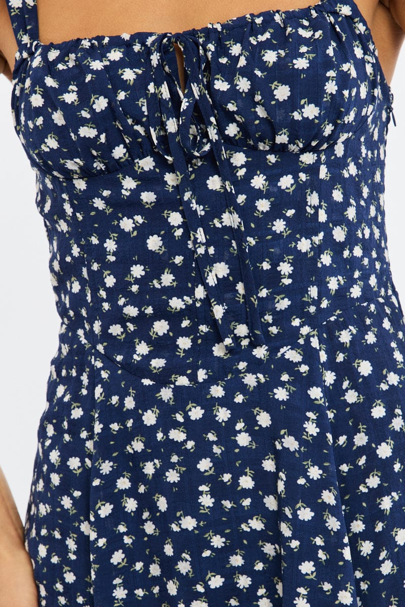 Blue Ditsy Midi Dress Ruched Bust for Ally Fashion