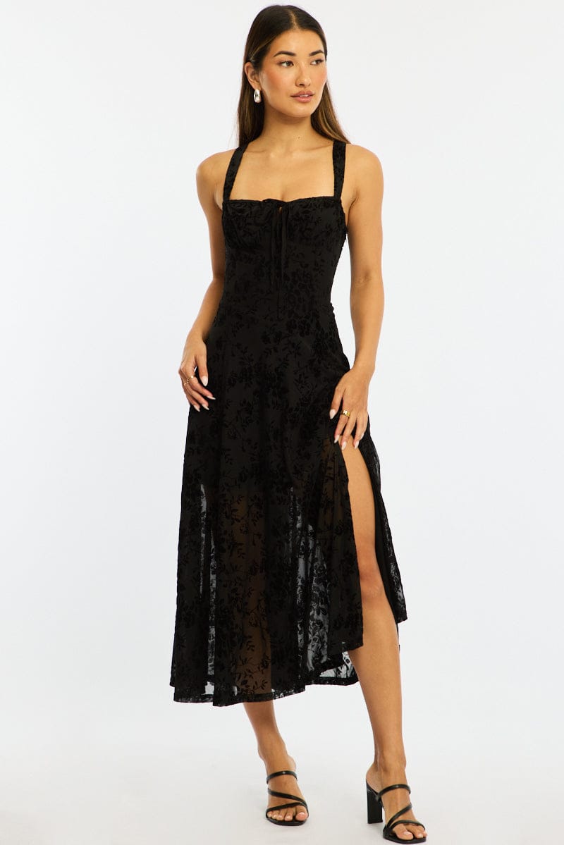 Black Midi Dress Ruched Bust for Ally Fashion