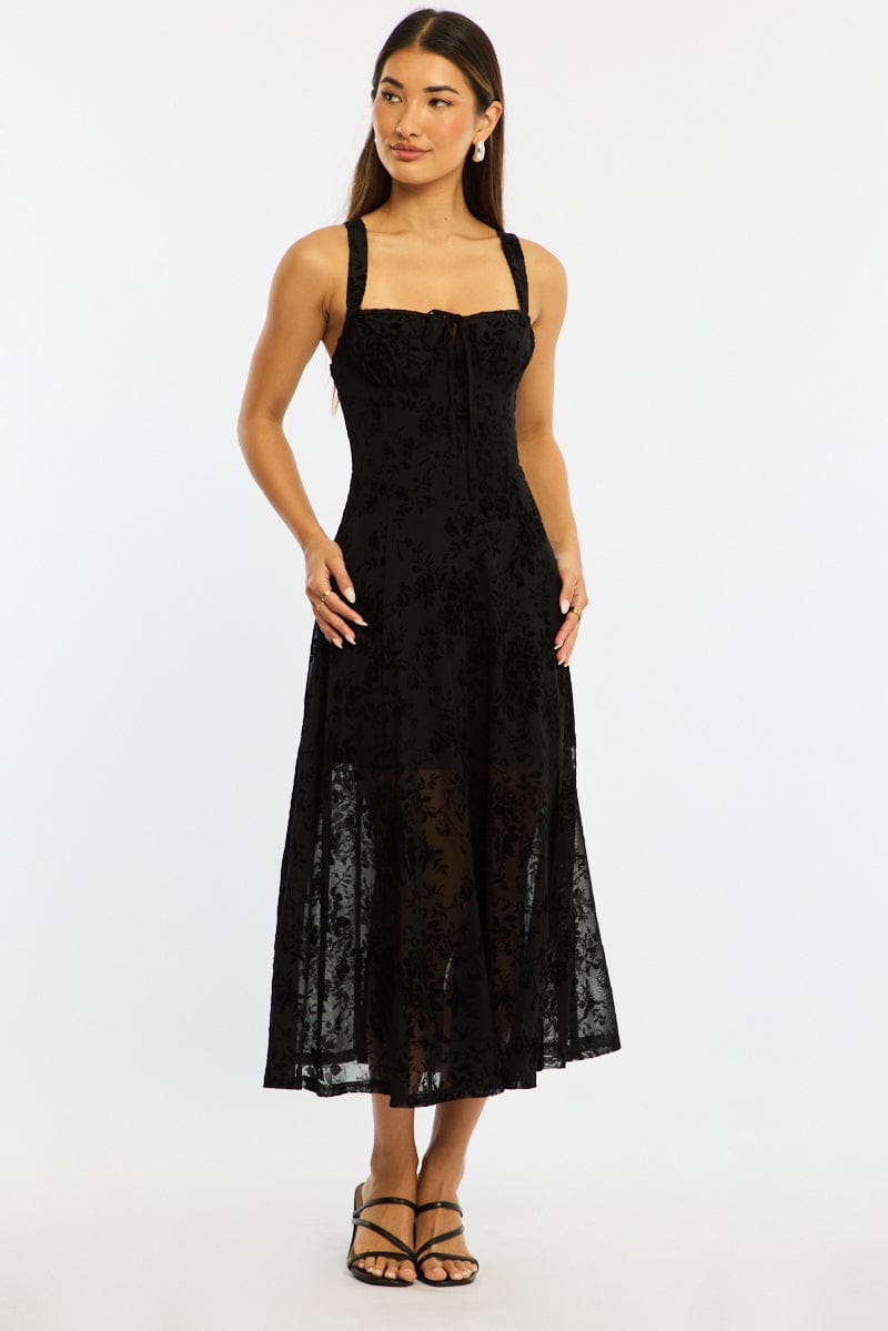 Black Midi Dress Ruched Bust for Ally Fashion