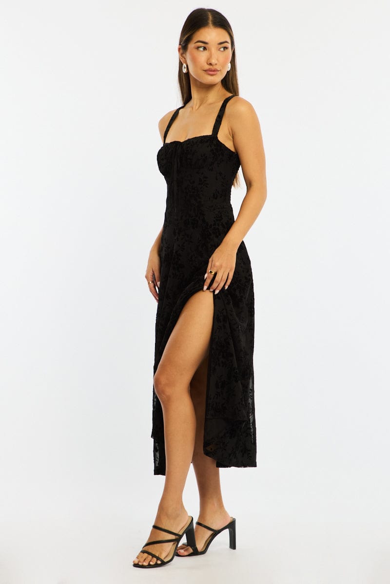 Black Midi Dress Ruched Bust for Ally Fashion