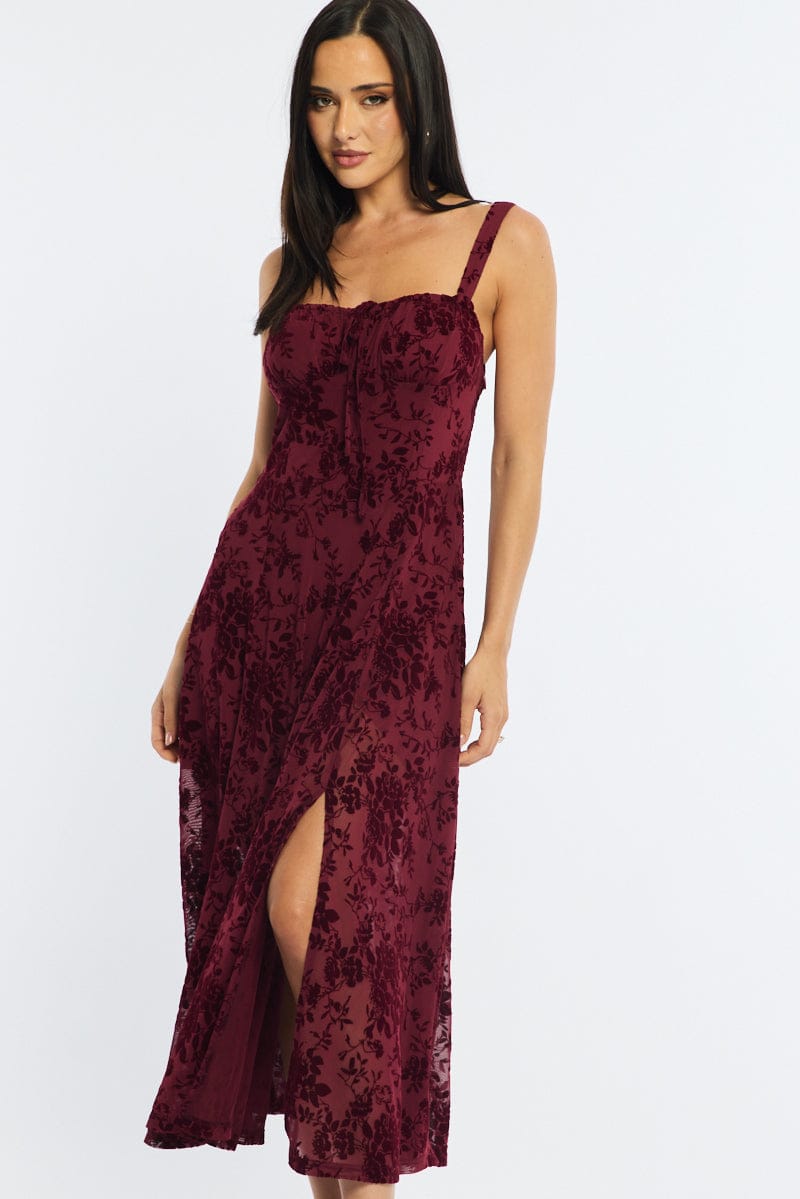 Red Midi Dress Ruched Bust for Ally Fashion
