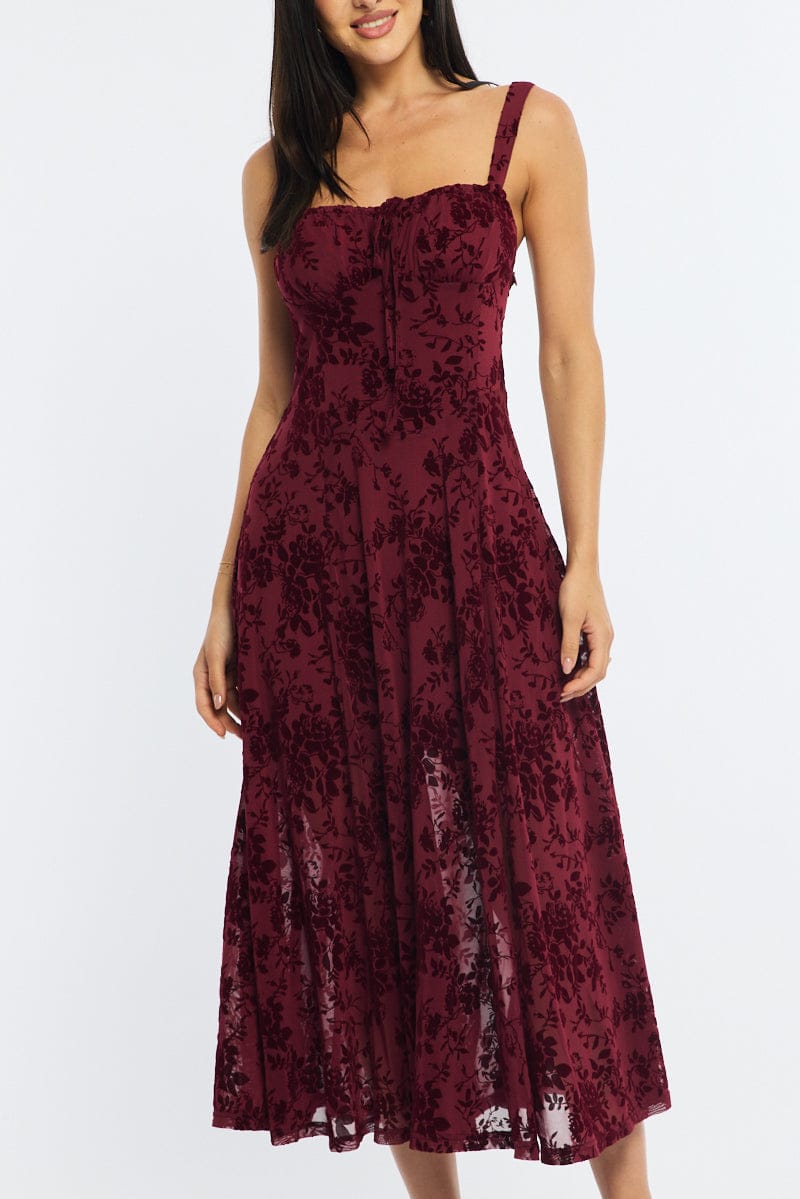 Red Midi Dress Ruched Bust for Ally Fashion