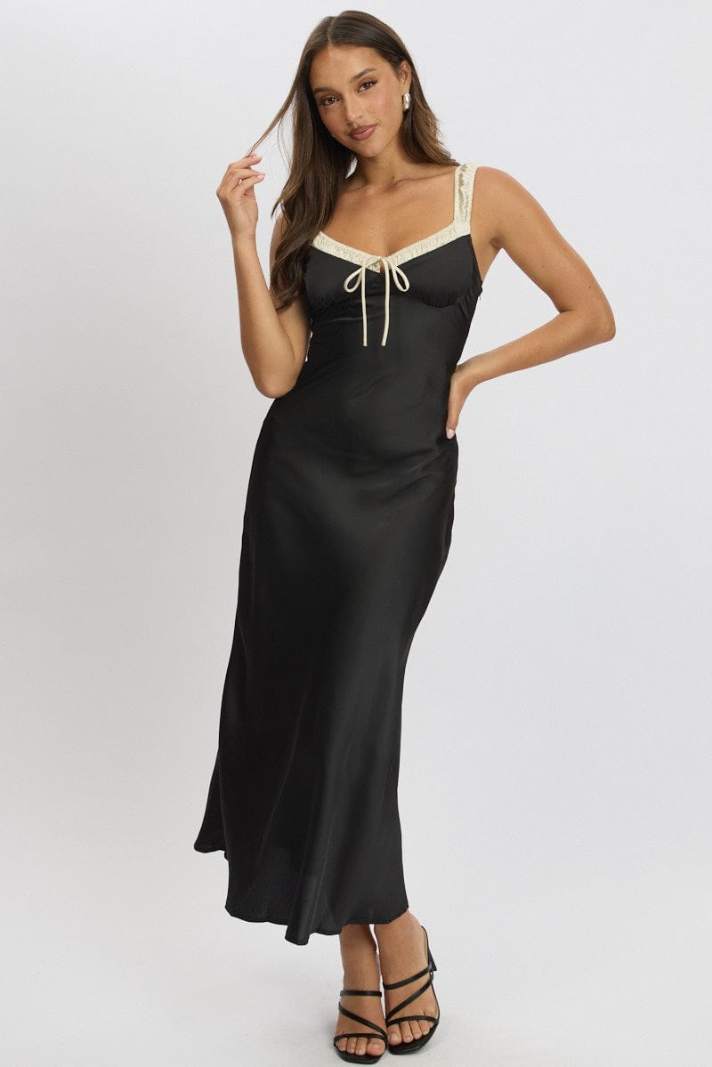 Black Midi Dress Elasticated Shoulder Strap Satin for Ally Fashion