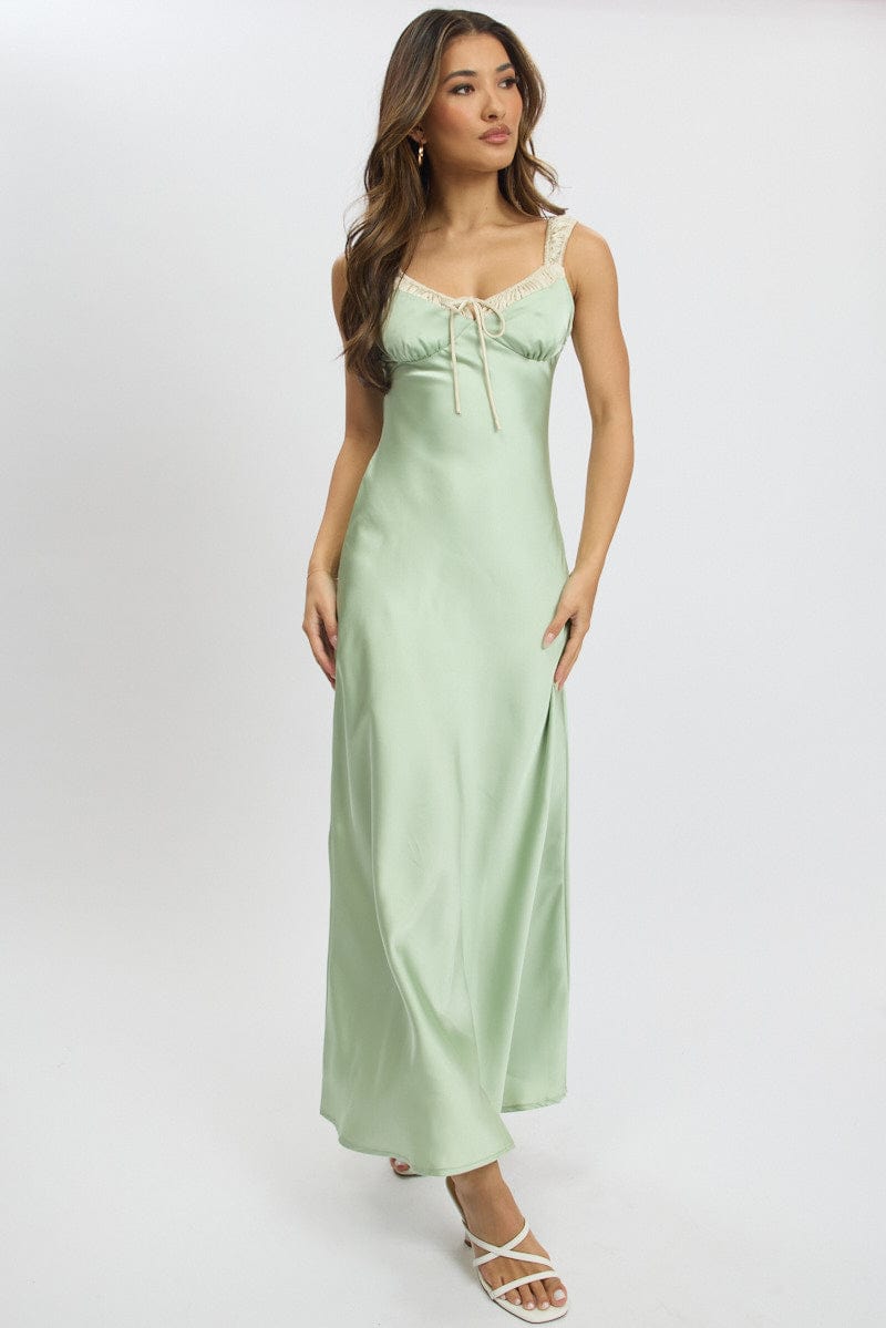 Green Midi Dress Elasticated Shoulder Strap Satin for Ally Fashion