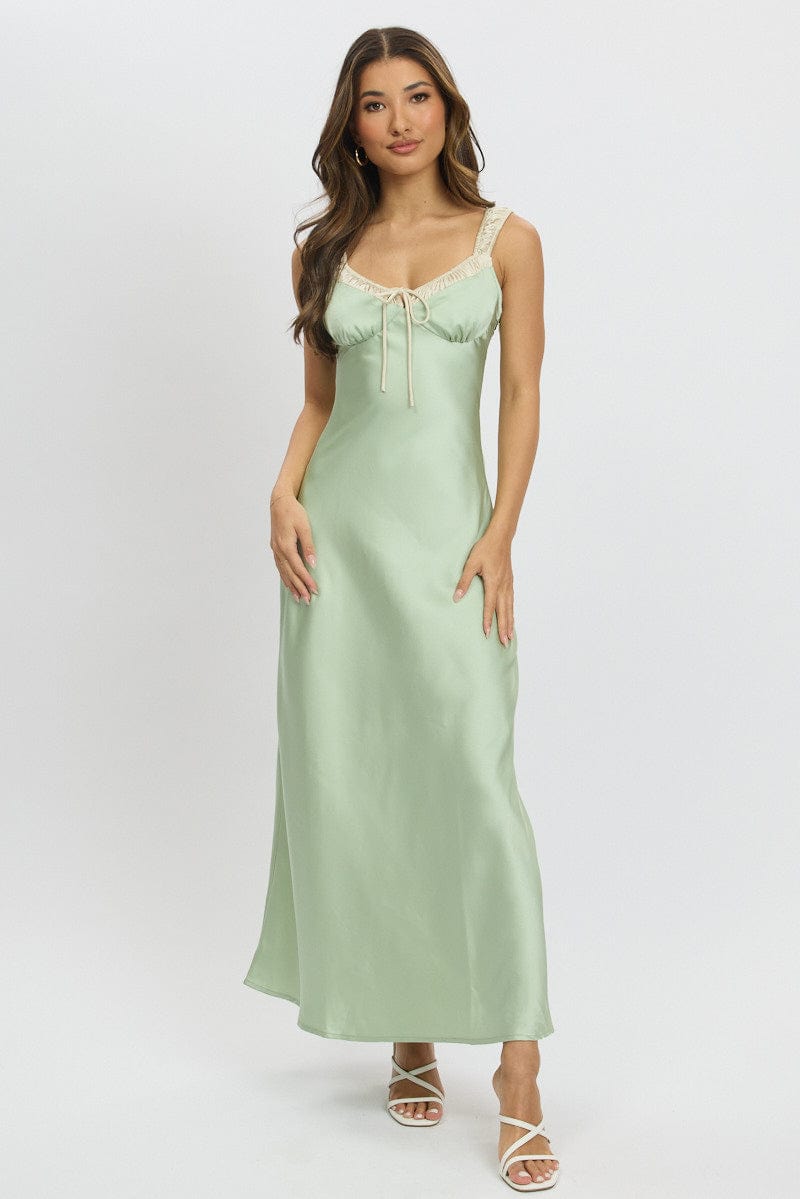 Green Midi Dress Elasticated Shoulder Strap Satin for Ally Fashion