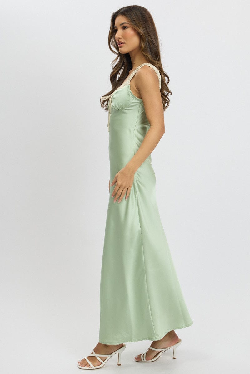 Green Midi Dress Elasticated Shoulder Strap Satin for Ally Fashion