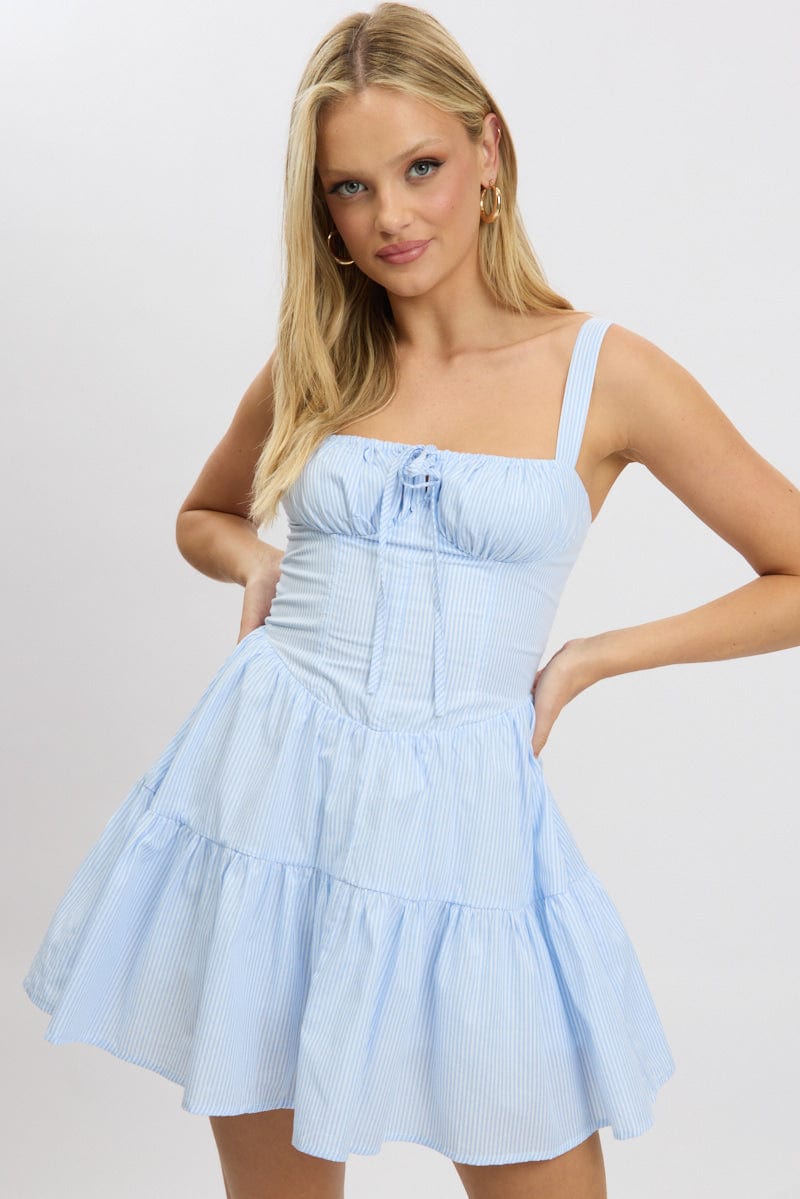 Blue Stripe Fit And Flare Dress Mini Gathered Bust for Ally Fashion