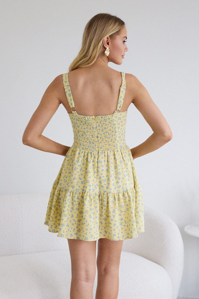 Yellow Ditsy Fit And Flare Dress Mini for Ally Fashion