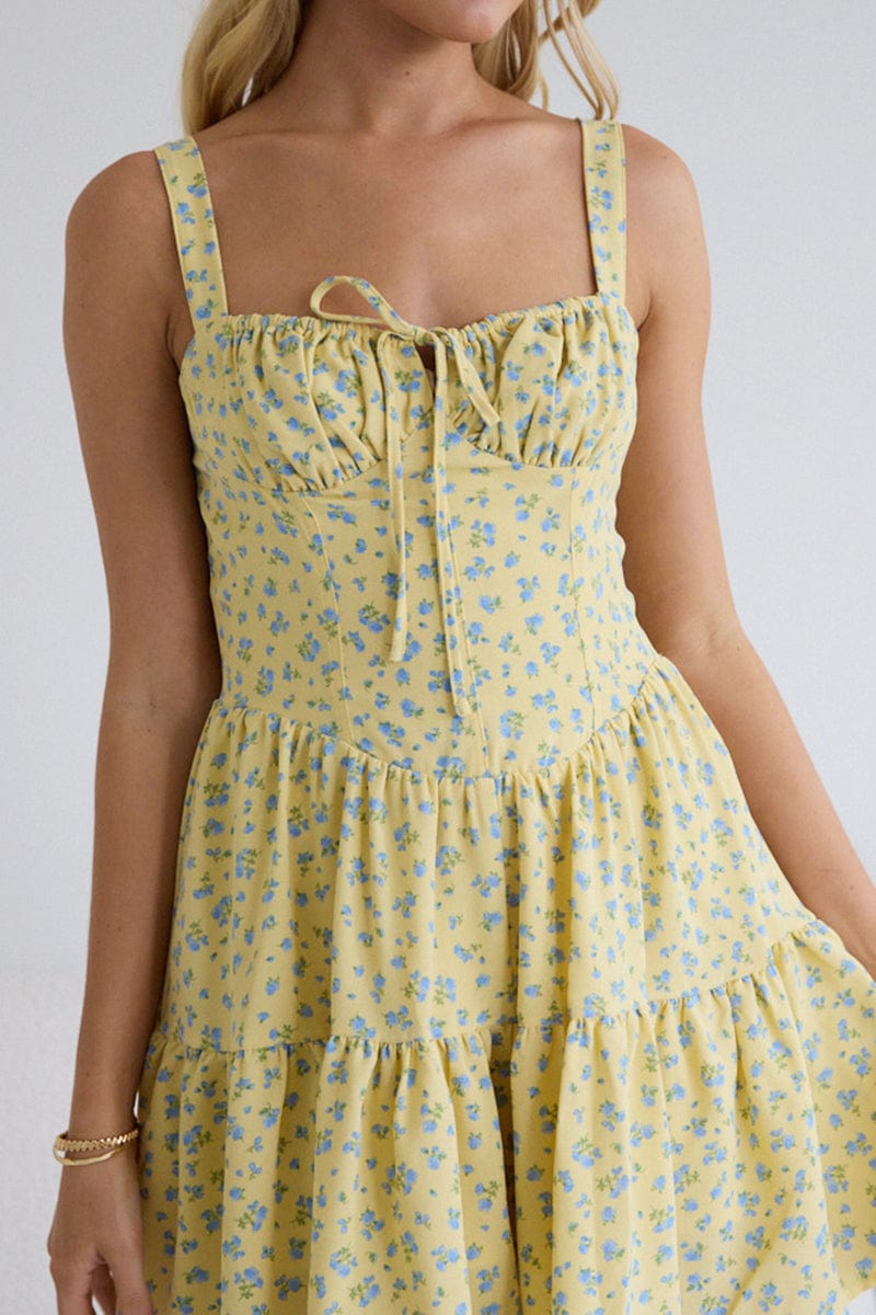 Yellow Ditsy Fit And Flare Dress Mini for Ally Fashion