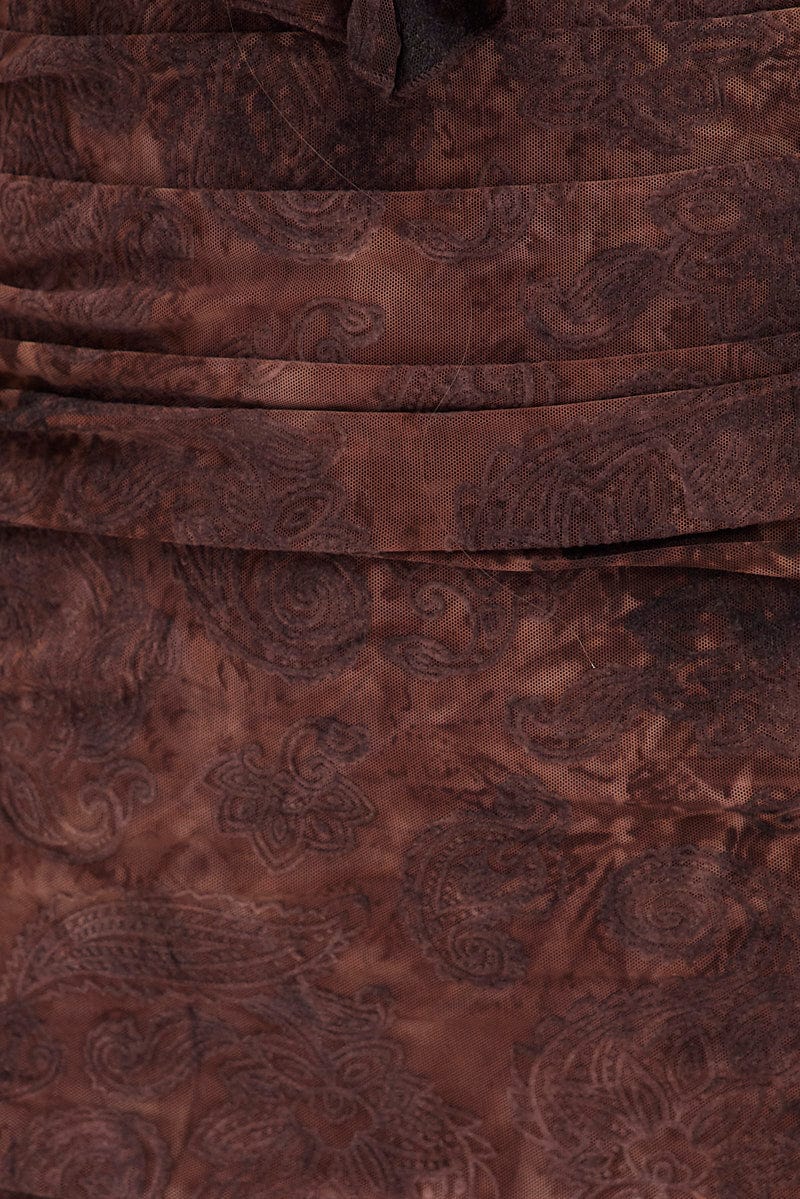 Brown Paisley Mesh Mini Dress V Ruffle Neck Burnt Out Paisley for Ally Fashion