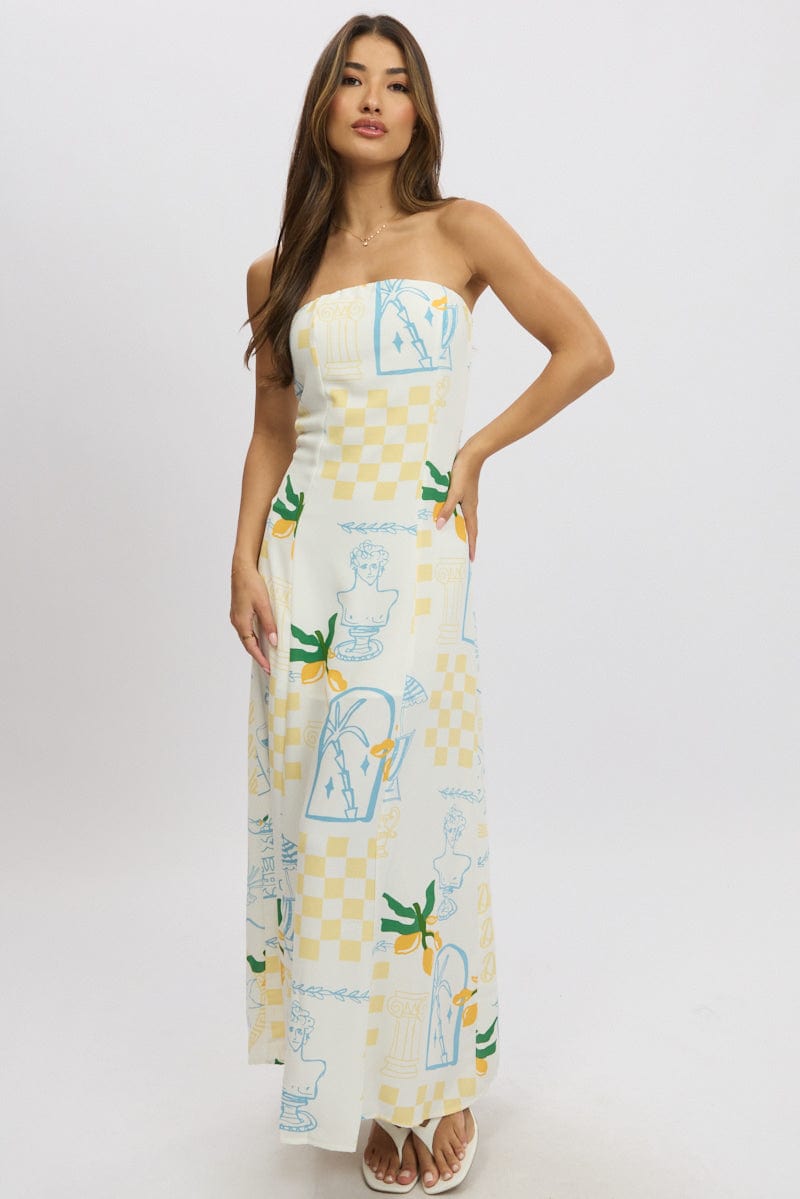 Yellow Abstract Strapless Maxi Dress for Ally Fashion