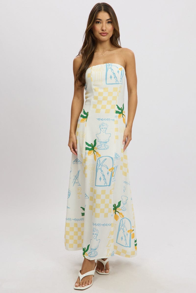 Yellow Abstract Strapless Maxi Dress for Ally Fashion