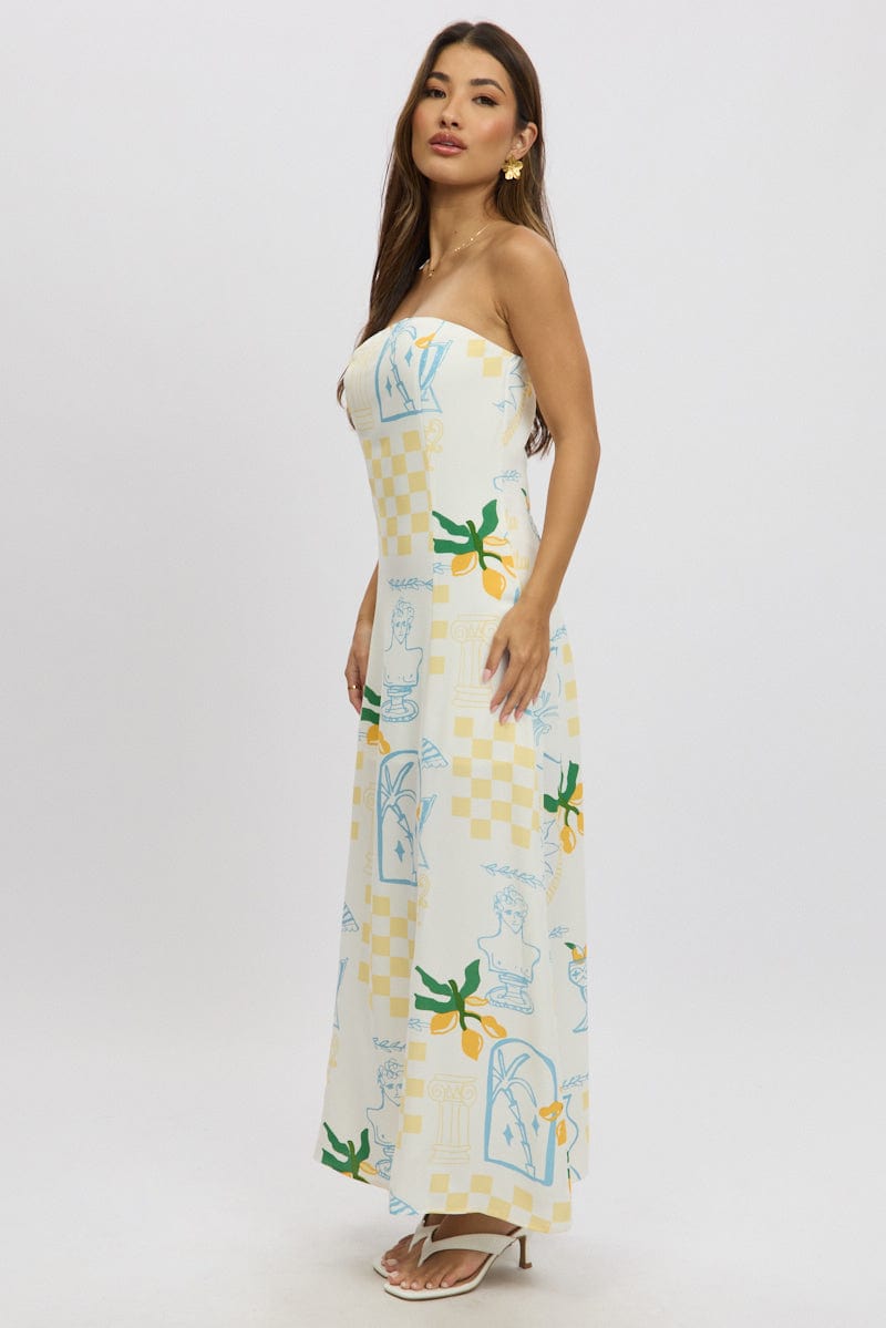 Yellow Abstract Strapless Maxi Dress for Ally Fashion