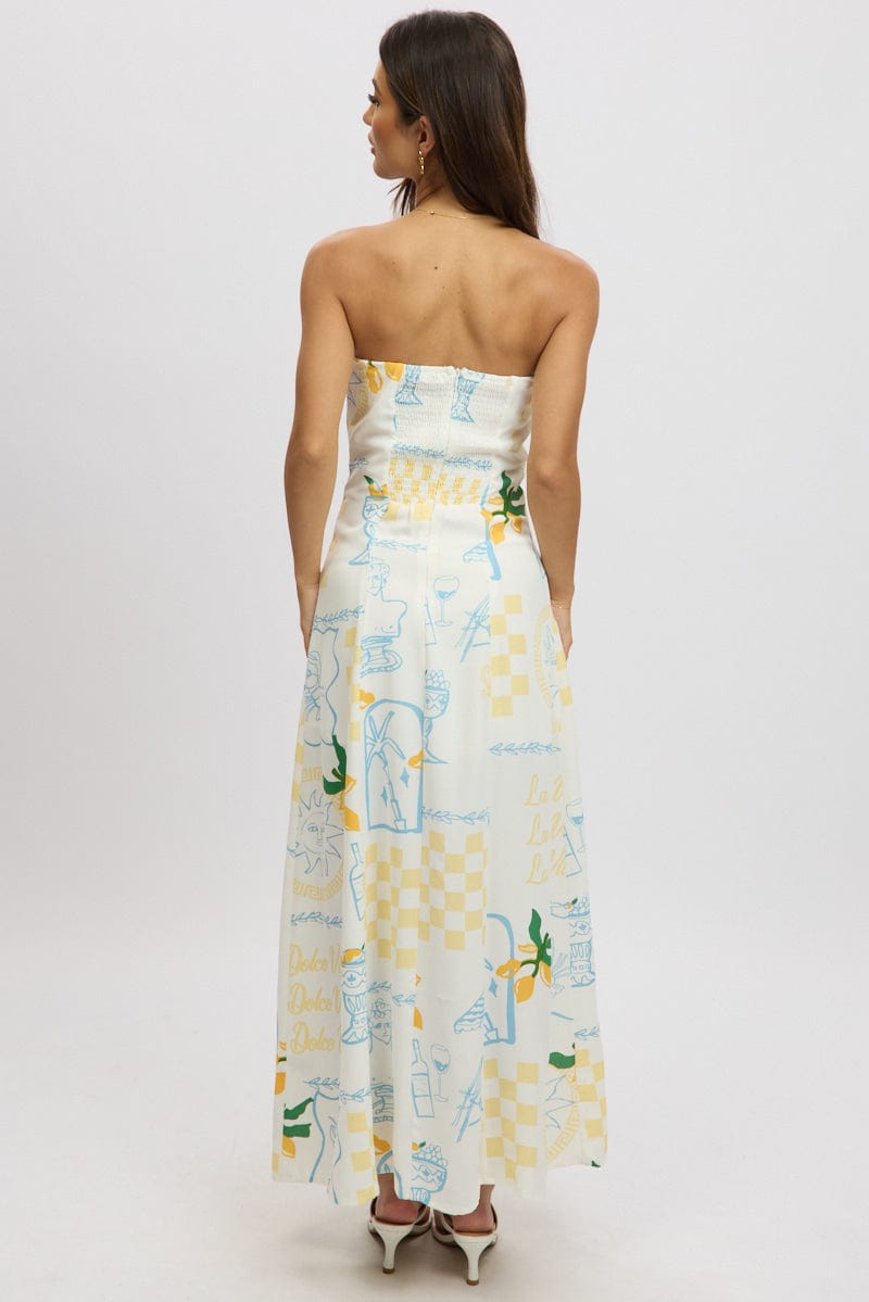 Yellow Abstract Strapless Maxi Dress for Ally Fashion