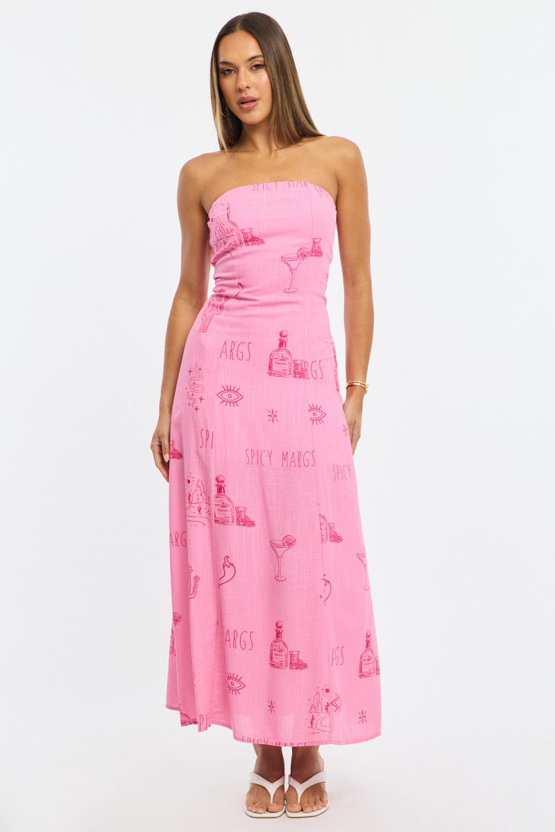 Pink Abstract Strapless Maxi Dress for Ally Fashion