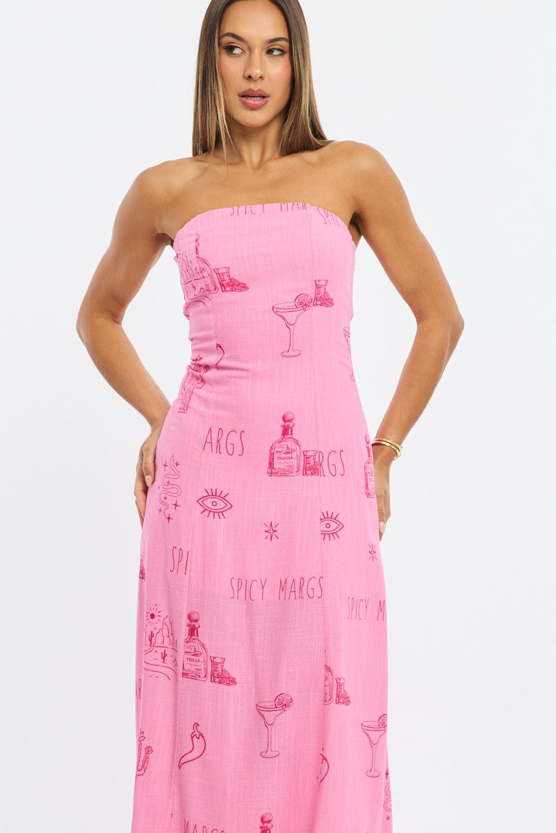 Pink Abstract Strapless Maxi Dress for Ally Fashion