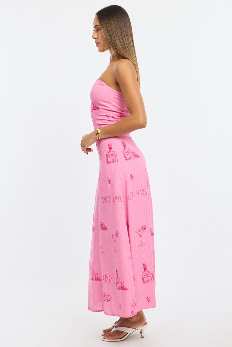 Pink Abstract Strapless Maxi Dress for Ally Fashion