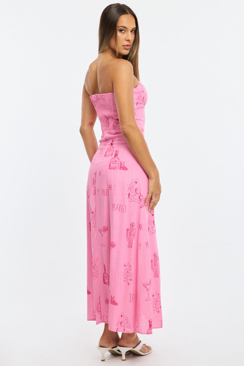Pink Abstract Strapless Maxi Dress for Ally Fashion