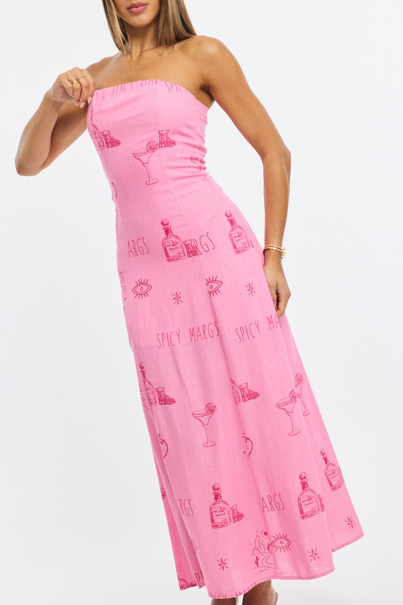 Pink Abstract Strapless Maxi Dress for Ally Fashion
