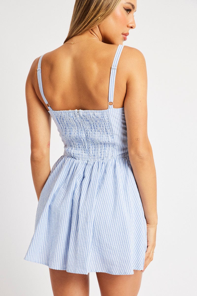 Blue Stripe Fit And Flare Dress Mini Gathered Bust for Ally Fashion