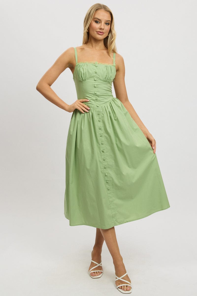 Green Midi Dress Lace Trim Corset Detail Poplin for Ally Fashion