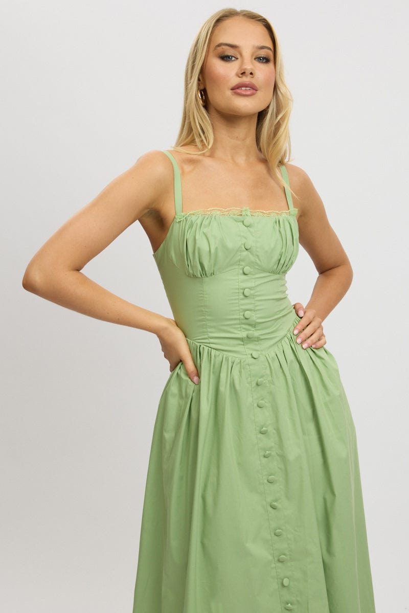 Green Midi Dress Lace Trim Corset Detail Poplin for Ally Fashion