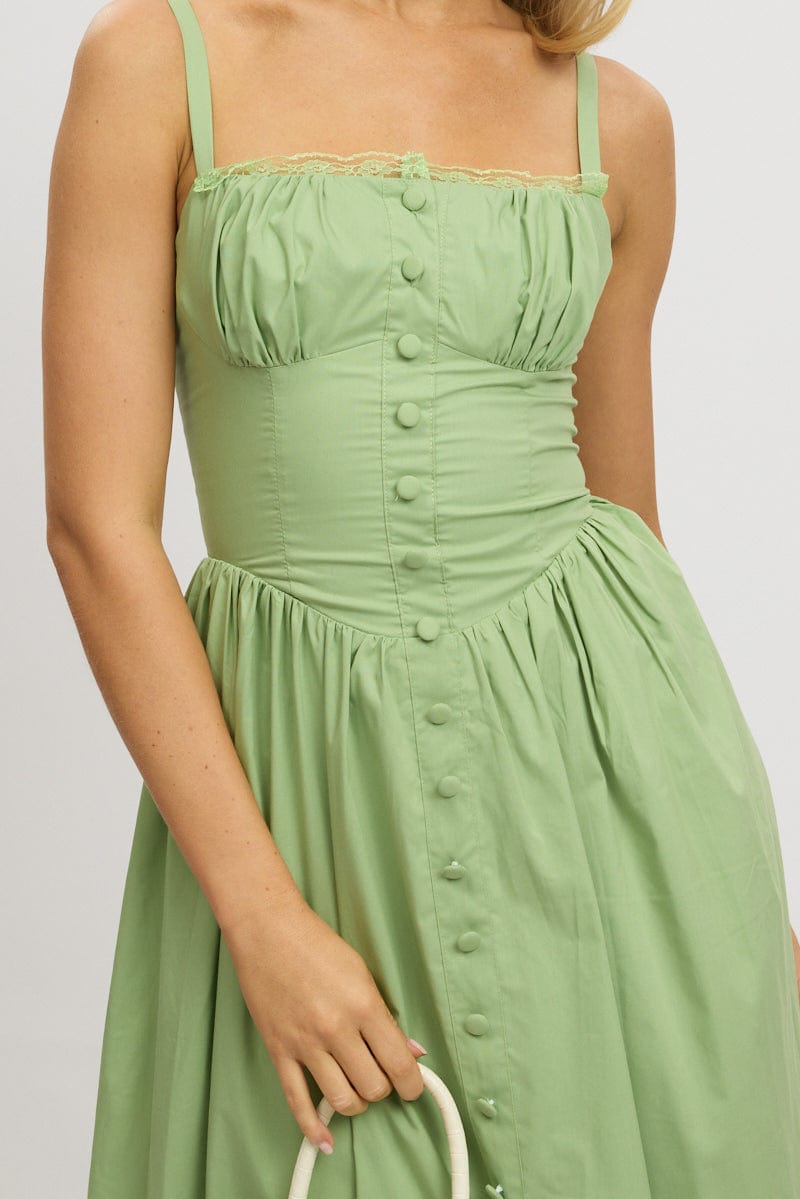 Green Midi Dress Lace Trim Corset Detail Poplin for Ally Fashion