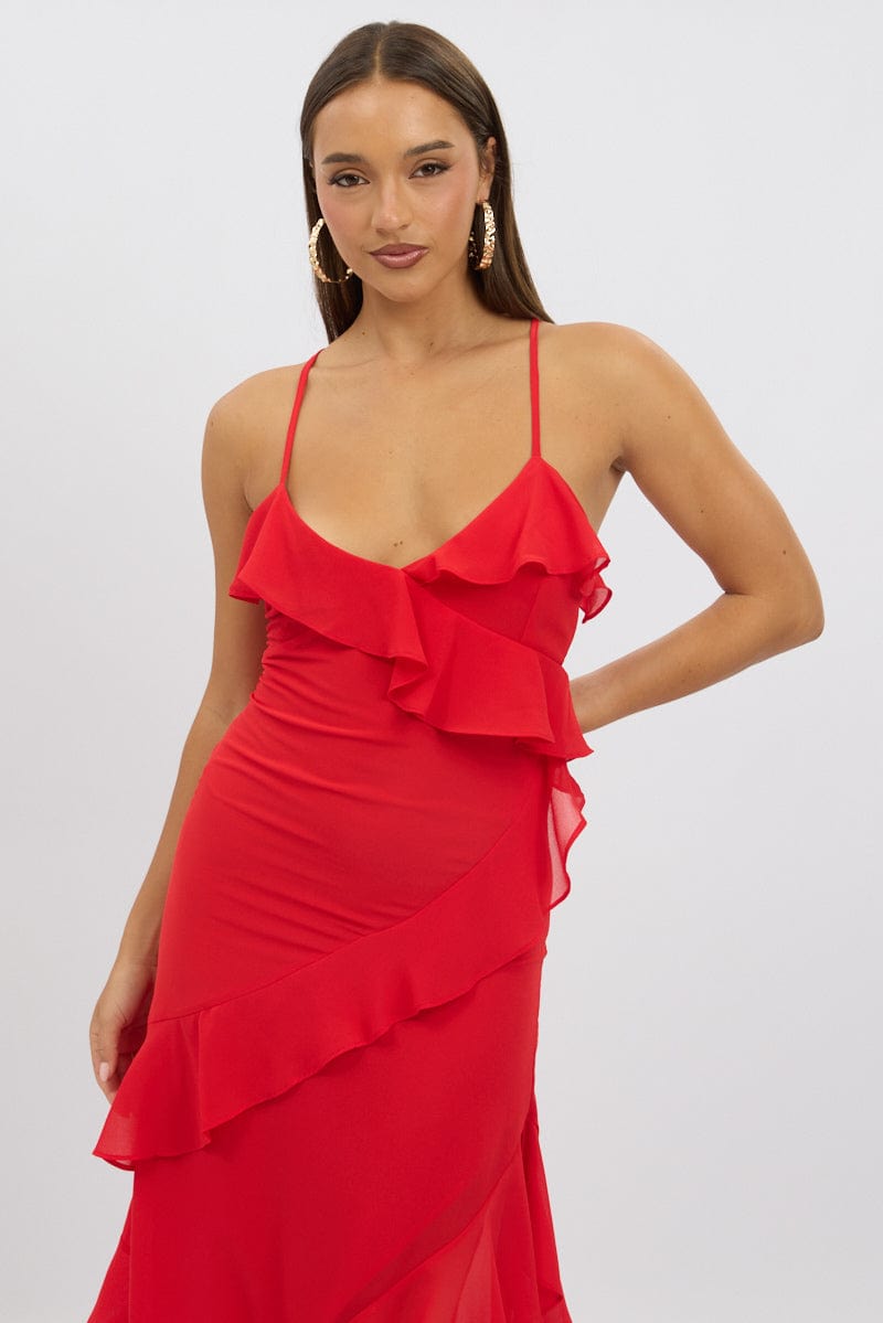Red Raffle Dress Red Midi Dress Ruffle Detail | Ally Fashion