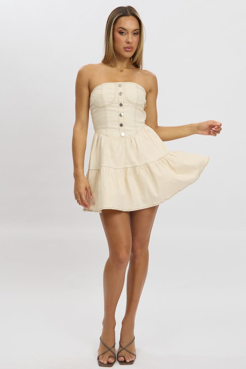 Beige Fit And Flare Dress Mini Strapless for Ally Fashion