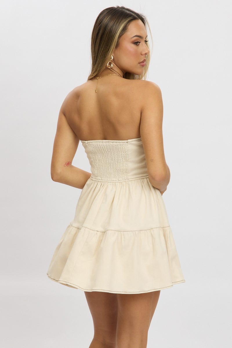 Beige Fit And Flare Dress Mini Strapless for Ally Fashion