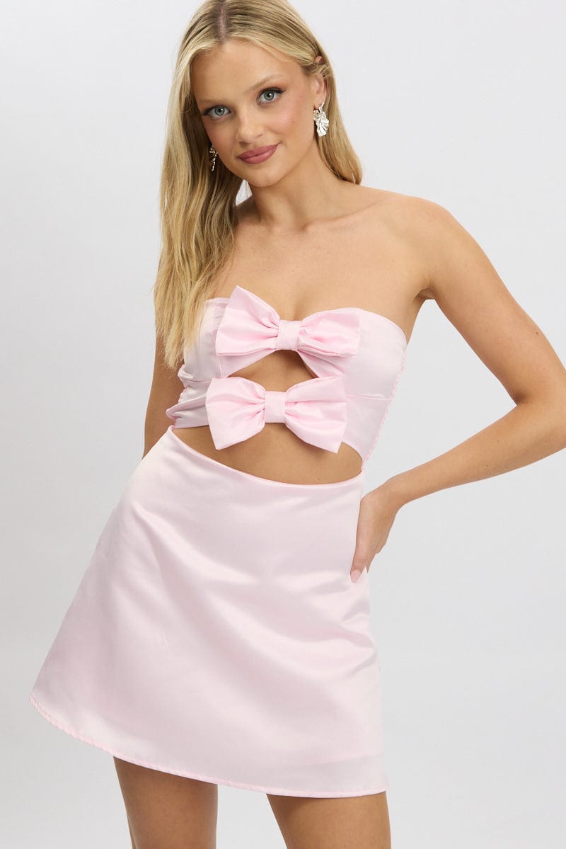 Pink Fit And Flare Dress Ribbon Detail for Ally Fashion