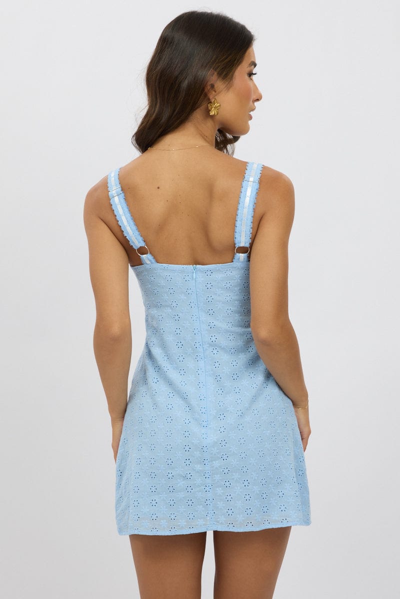 Blue Mini Dress Lace Trim Sleeveless Eyelet Fabric for Ally Fashion