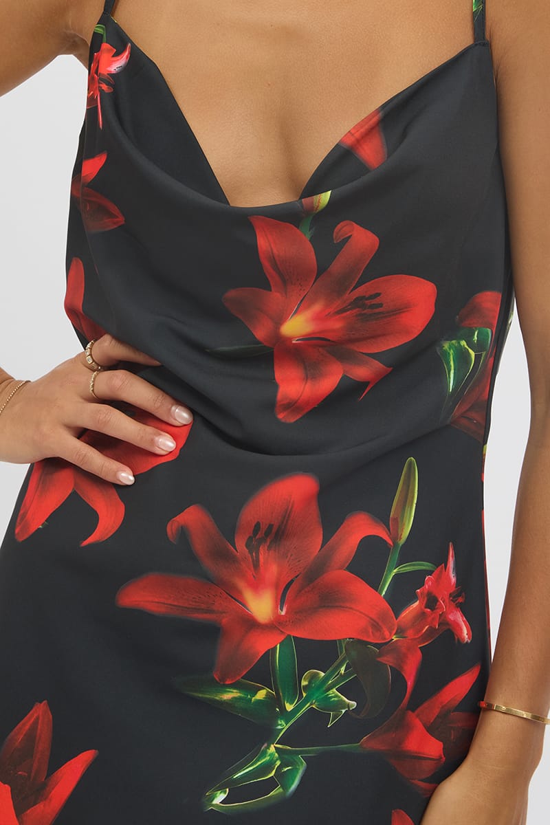 Black Floral Mini Dress Cowl Neck for Ally Fashion