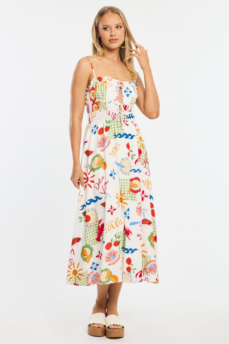 Red Abstract Midi Dress Ribbon Detail Strappy for Ally Fashion