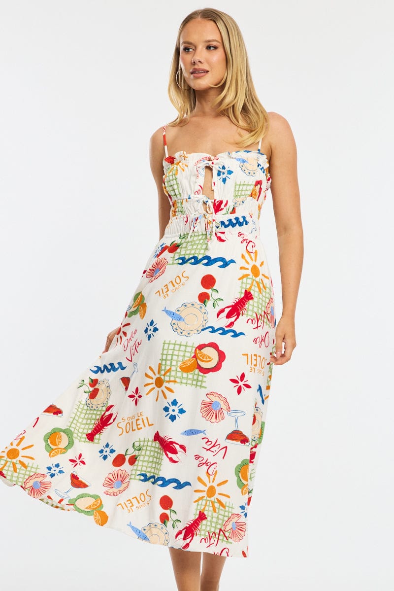 Red Abstract Midi Dress Ribbon Detail Strappy for Ally Fashion