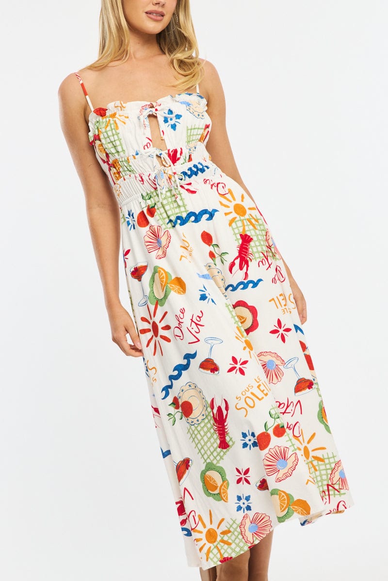Red Abstract Midi Dress Ribbon Detail Strappy for Ally Fashion