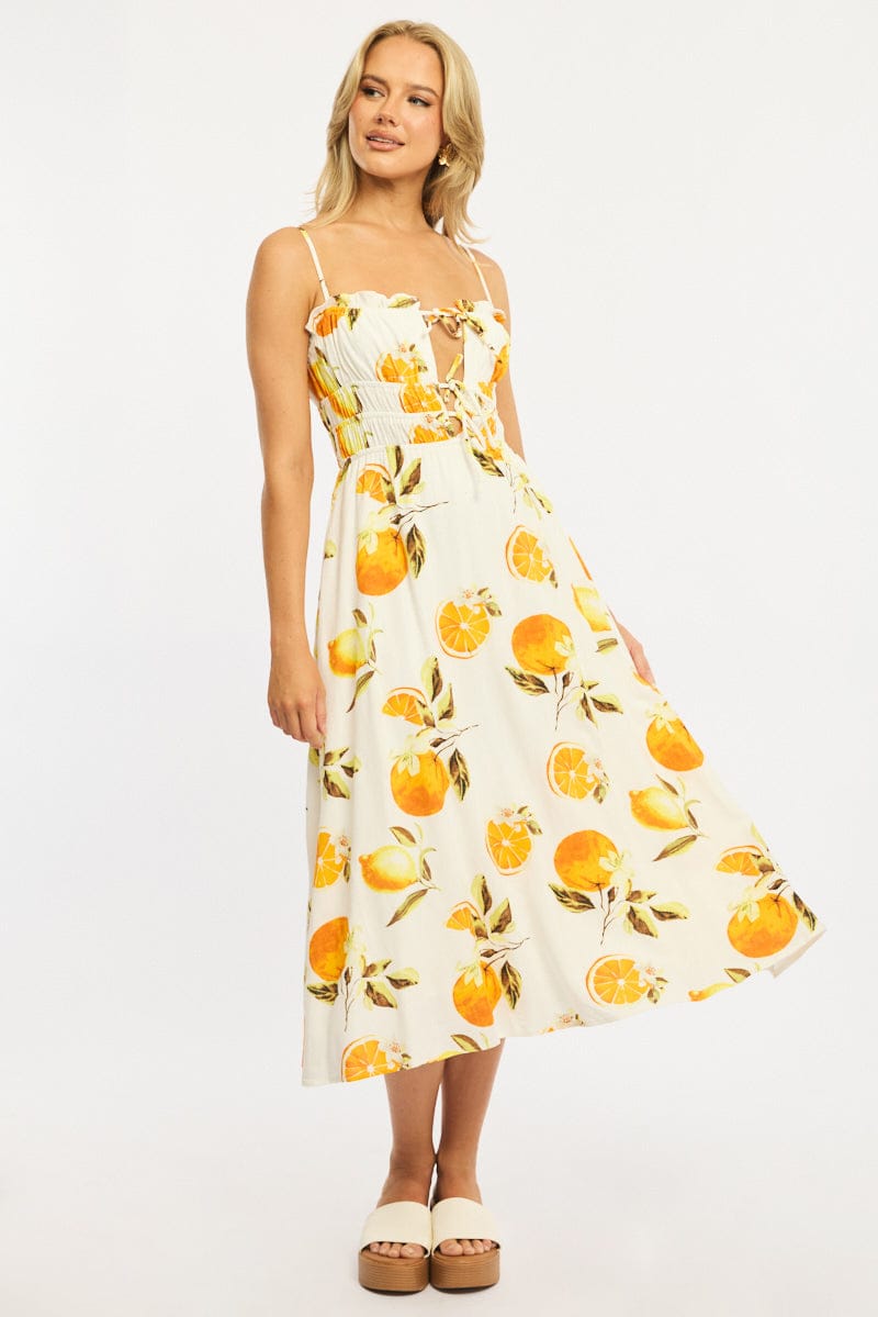 Orange Abstract Midi Dress Ribbon Detail Strappy for Ally Fashion