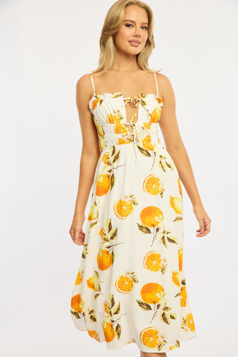 Orange Abstract Midi Dress Ribbon Detail Strappy for Ally Fashion