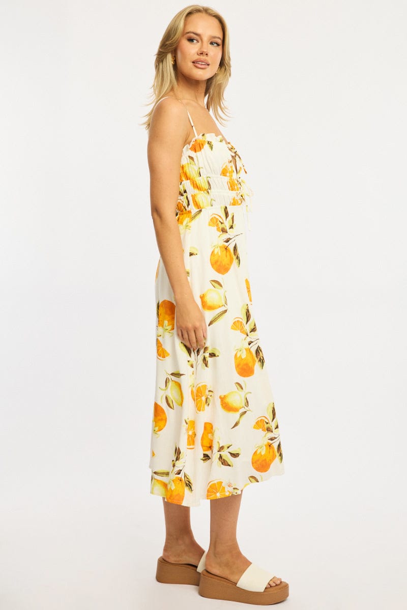 Orange Abstract Midi Dress Ribbon Detail Strappy for Ally Fashion