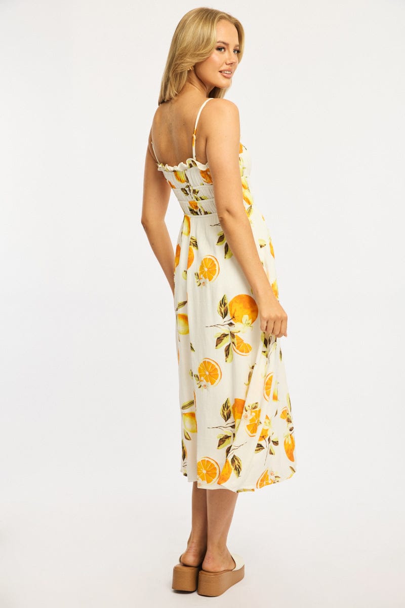 Orange Abstract Midi Dress Ribbon Detail Strappy for Ally Fashion