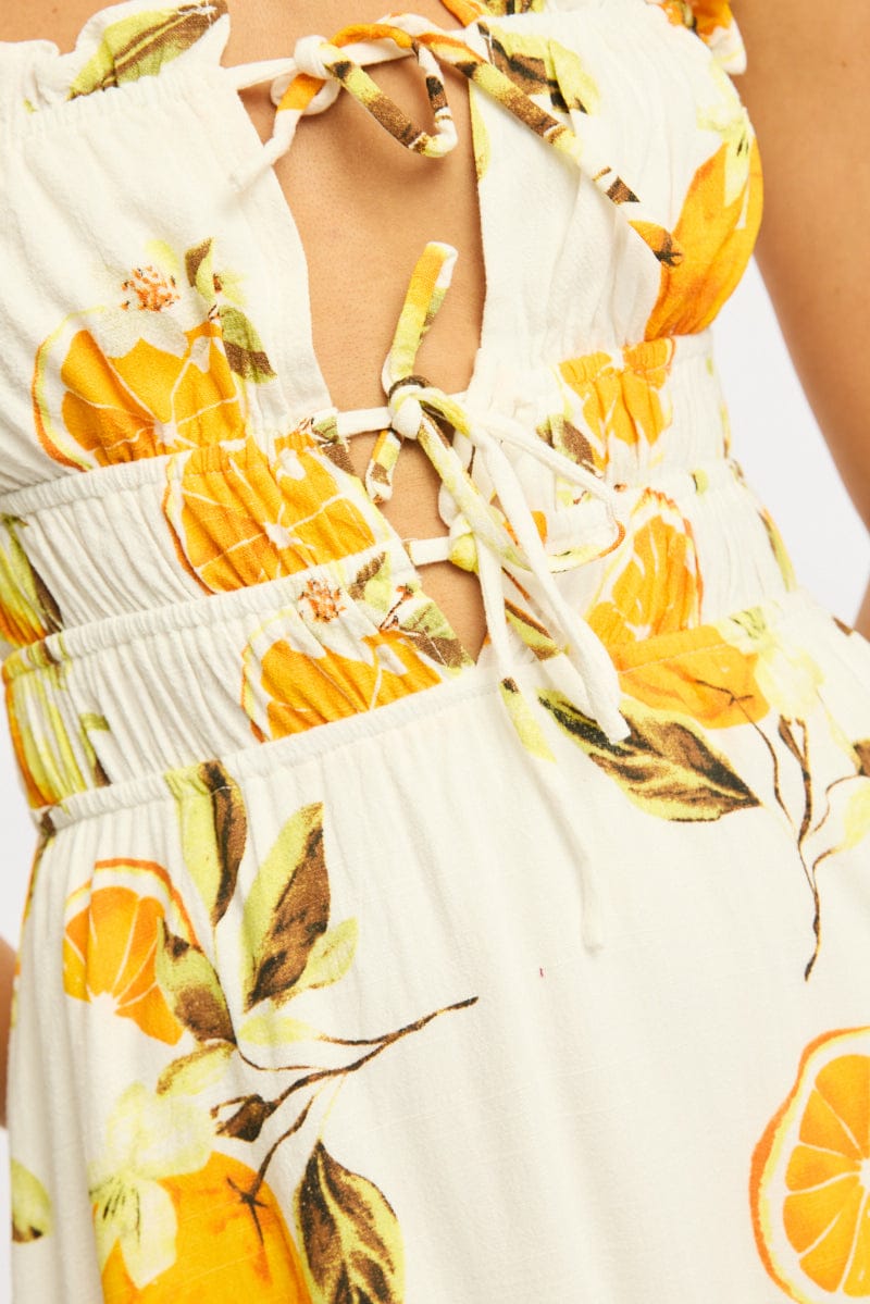 Orange Abstract Midi Dress Ribbon Detail Strappy for Ally Fashion
