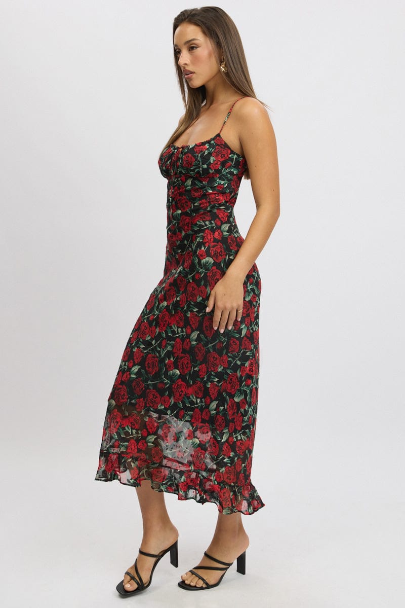 red and black midi dress Red Floral Midi Dress Bias Chiffon