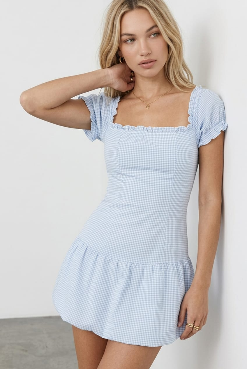 Blue Check Bubble Dress Off The Shoulder for Ally Fashion
