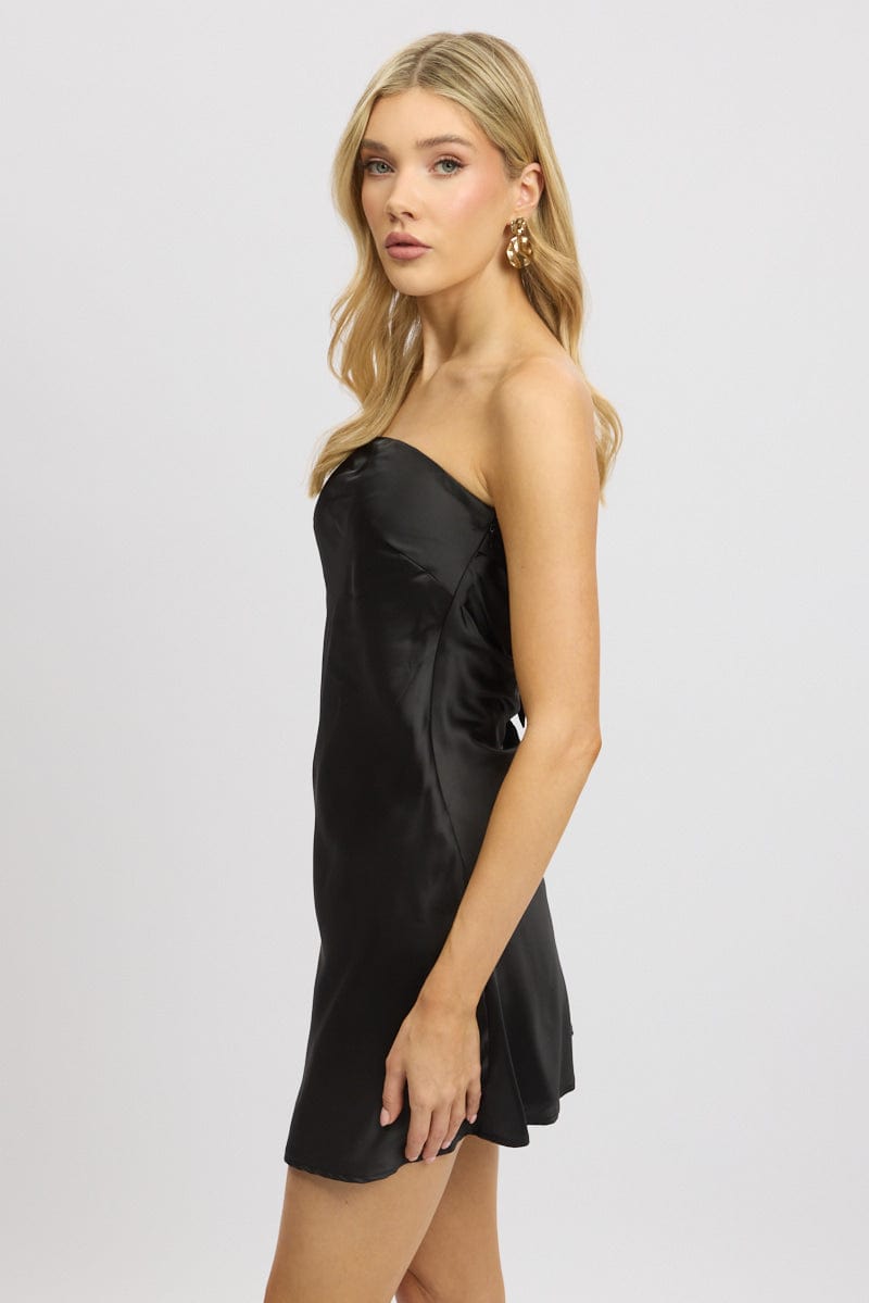 Black Strapless Dress Back Tie Satin Mini | Ally Fashion Black Strapless Dress Back Tie Satin Mini | Ally Fashion